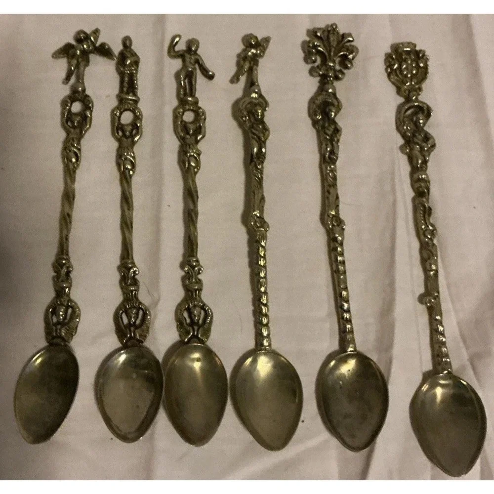 6Pc Montagnani Style Italy Stamped Figural Demitasse Spoons Ornate Vintage